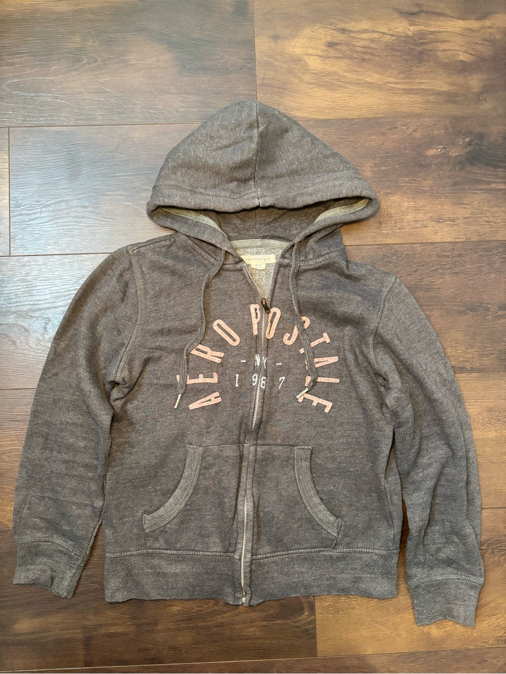 Aeropostale Charcoal Gray Zip-Up Hoodie with Light Pink Logo